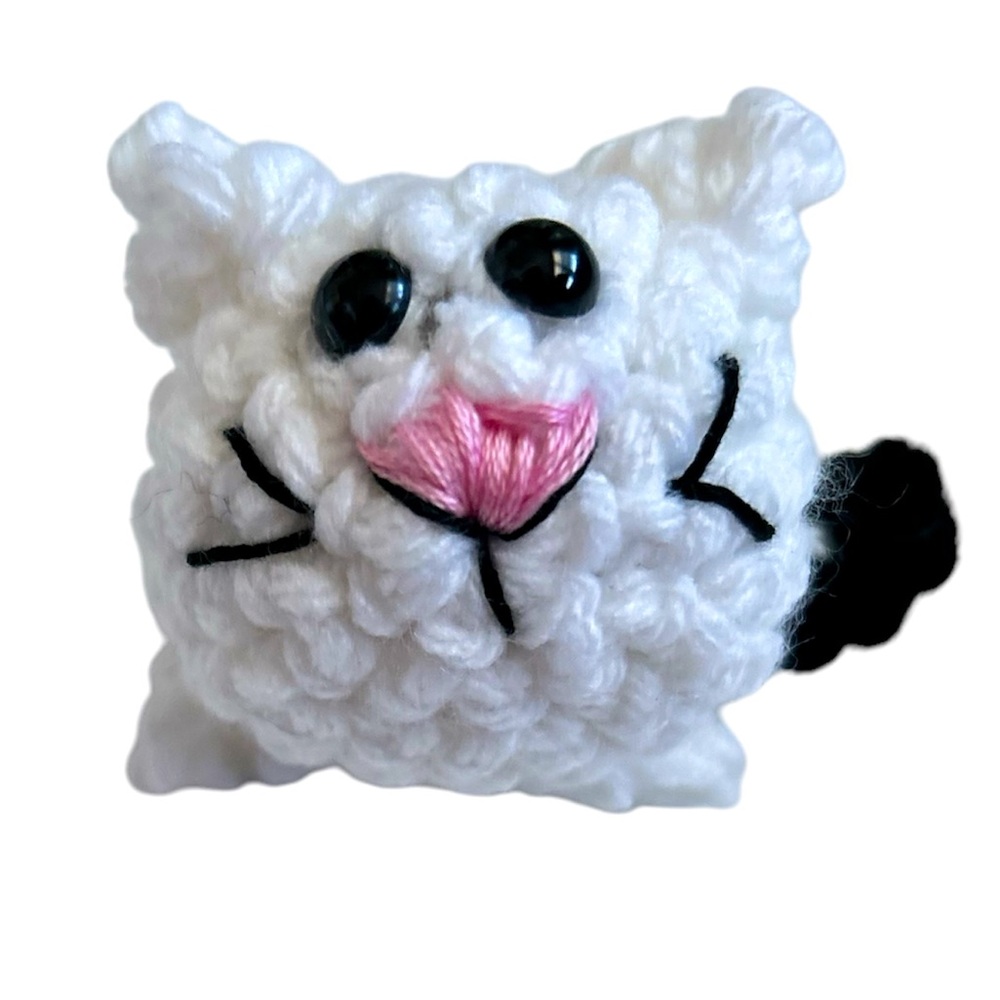 Hand Crafted Colorful Black & White Sitting Kitty Figurine Crochet Amigurumi